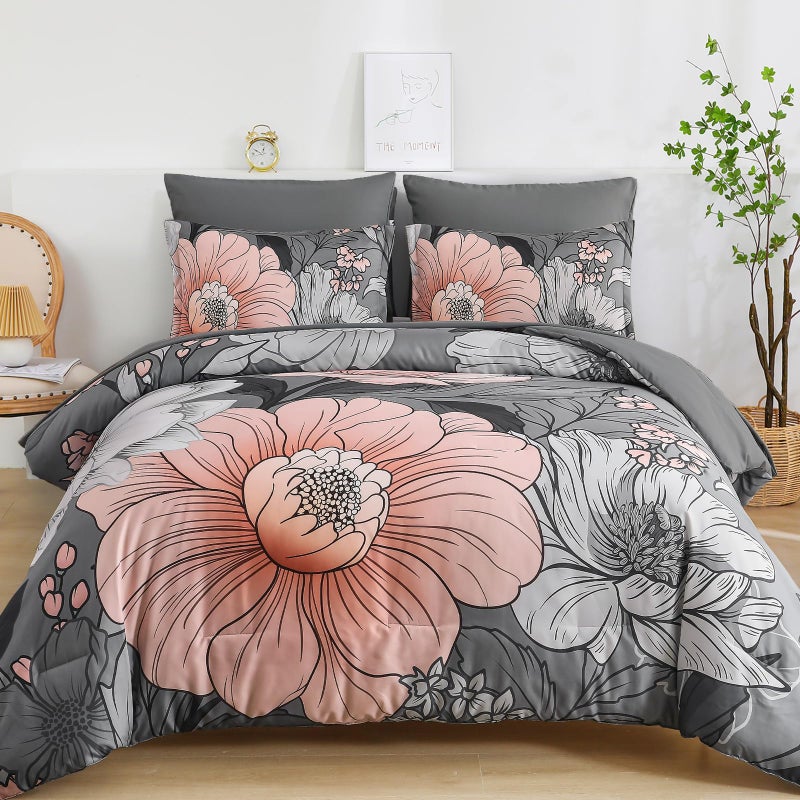 Xruibed Queen Comforter Set 7 Pieces Grey Floral Comforter Set Queen Size Bed in a Bag Flower Bedding Sets Lightweight Boho Bed Set with Sheet,Pillowcases&Shams for All Season - Image 1