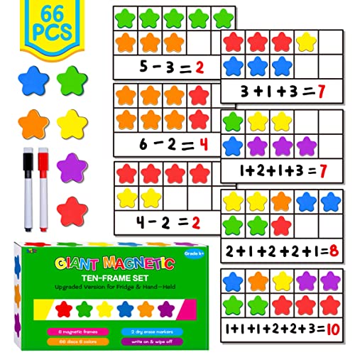 SpriteGru Magnetic TenFrame Set 6 Frames 66 Colorful StarShaped Counters Ten Frame Math Games Manipulative Counting Toys for Kindergarten Preschool 6 Colors 2 Markers Fridge Handheld - Image 1