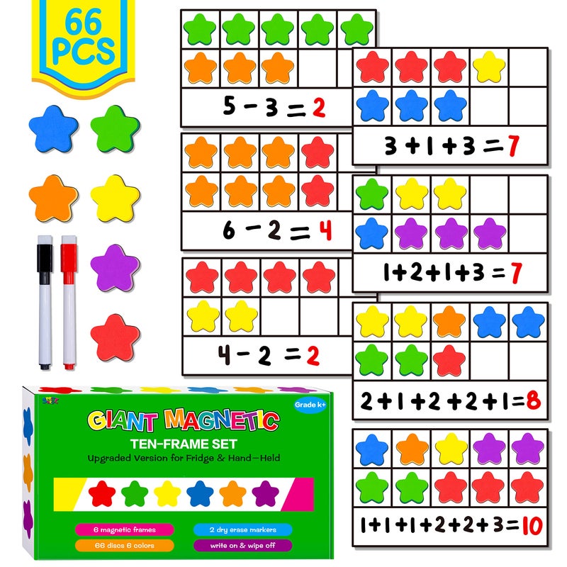 SpriteGru Magnetic TenFrame Set 6 Frames 66 Colorful StarShaped Counters Ten Frame Math Games Manipulative Counting Toys for Kindergarten Preschool 6 Colors 2 Markers Fridge Handheld - Image 3