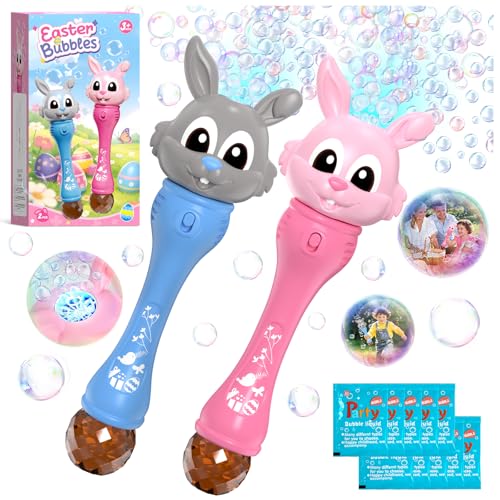 Weilim Easter Bubble Wand for Kids 2Pack Bunny Bubble Machine with LED Light Bubble Blower Bubble Maker with 10 Refill Solutions Outdoor Toys Birthday Gifts for Toddler Boys Girls Age 3 - Image 1