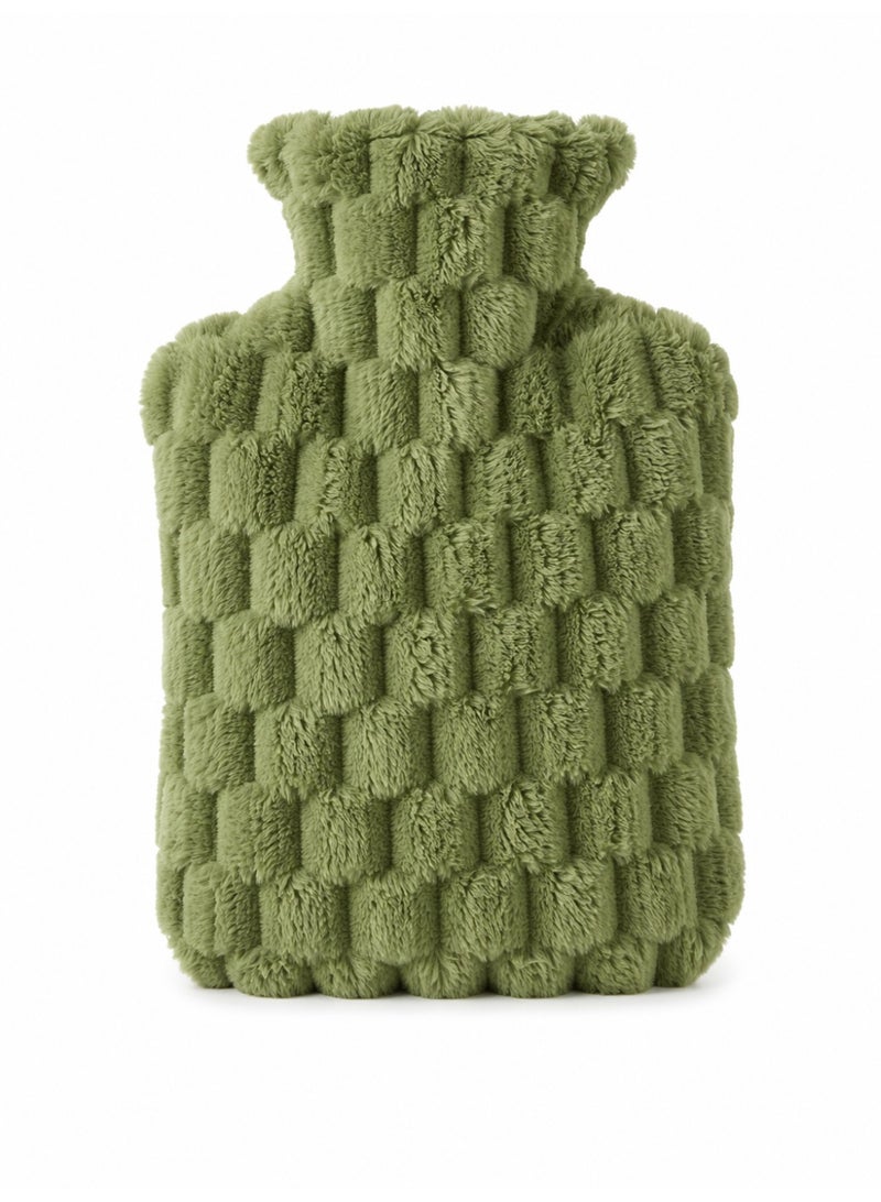 O2. Green Hot Water Bag 2000ml with Soft Textured Plush Cover, Hot Water Bottle, Reusable Warm Water Bag & Warm Compress for Pain Relief, Heat Therapy, Body Warming, Bed Warmer, Sofa, Home Comfort and Winter Use - Image 1