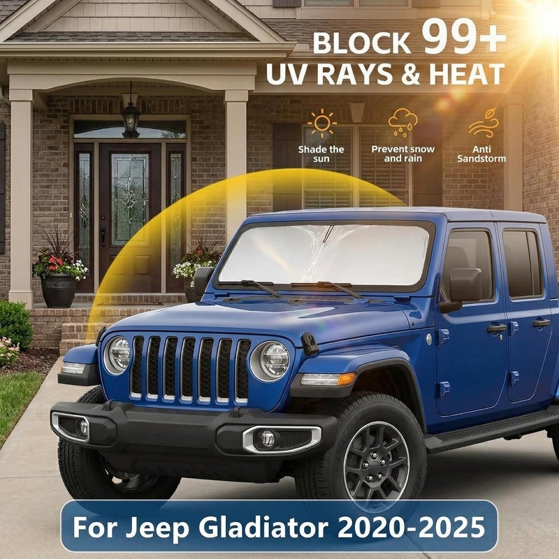 AuyNeas Windshield Sun Shade for Jeep Gladiator 2020-2025 Double Layer 240T Front Window Shade Custom Fit Gladiator Sun Visor Foldable Shade Blocks UV Rays Summer Must Have Car Accessories - Image 2