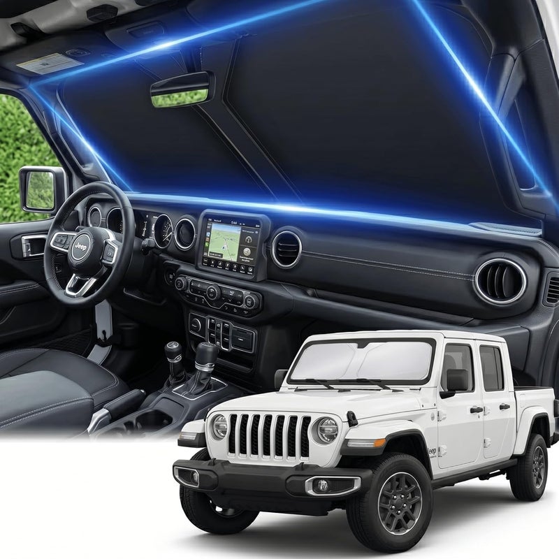 AuyNeas Windshield Sun Shade for Jeep Gladiator 2020-2025 Double Layer 240T Front Window Shade Custom Fit Gladiator Sun Visor Foldable Shade Blocks UV Rays Summer Must Have Car Accessories - Image 1