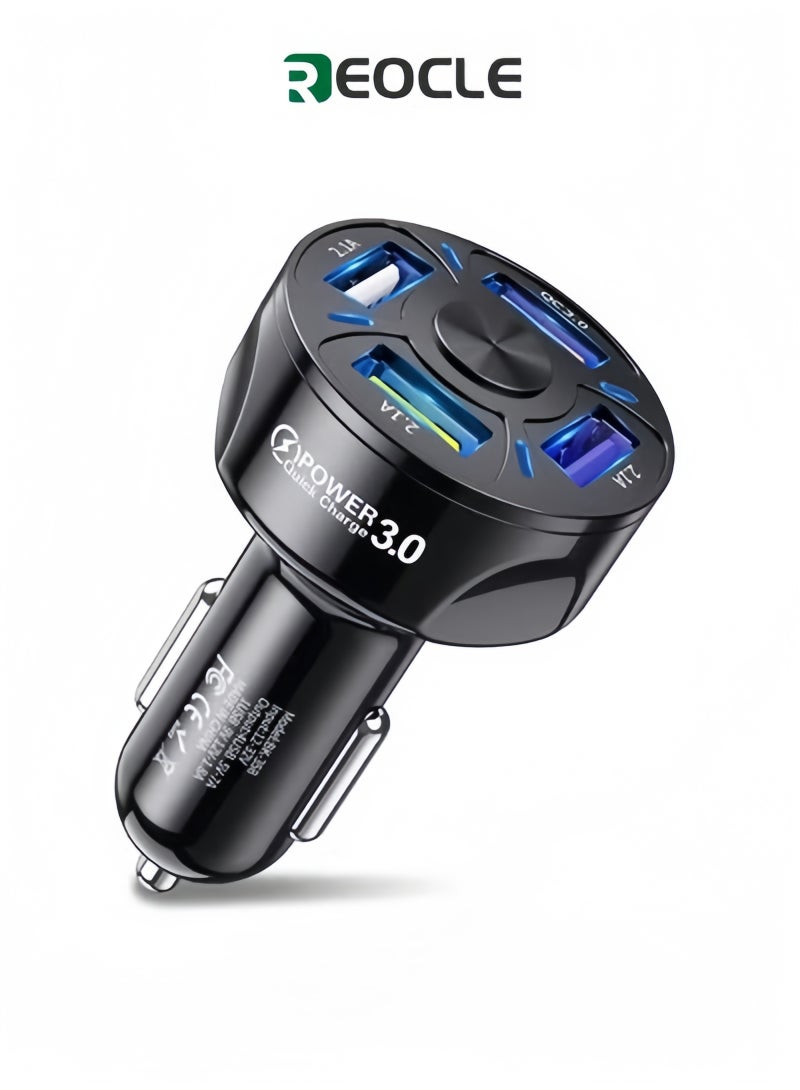 ريوكل شاحن سيارة USB بأربعة منافذ شاحن هاتف للسيارة مع منفذ QC 3.0 وشاحن ولاعة  ومحول شحن سريع متوافق مع iPhone 15 Pro Max 15 Plus 15 14 13 Galaxy S23 22 - Image 1