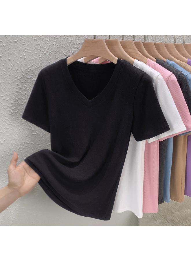 V-neck Short Sleeve Undershirt Half Sleeve T-shirt For Women Early Spring Women's New Short White 688 Top