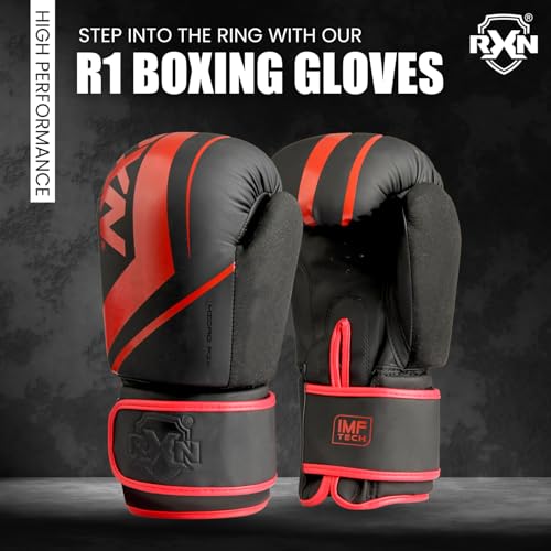 RXN R1 Boxing Gloves with Microfiber Thumb, Premium, High-Performance & Durable for Men, Women & Kids, Training, Kickboxing, Taekwondo, MMA, Muay Thai & Martial Arts (Black/Red, 14oz) - Image 3