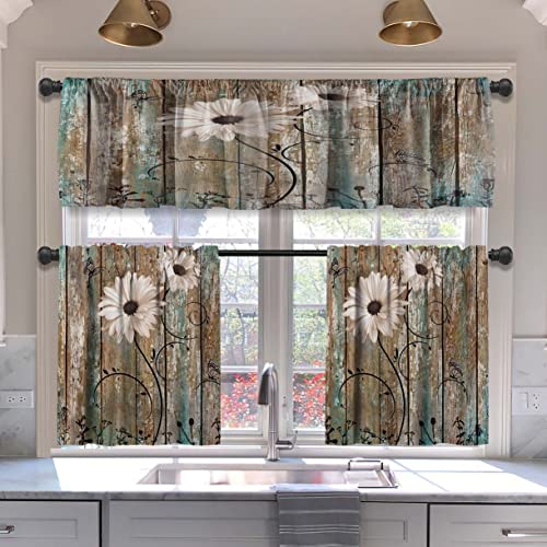 MCALK MCALK Floral Blackout Kitchen Curtains Tiers and Valances Set 3 Piece for Windows Butterfly Kitchen Window Curtains SetFarmhouse Wooden Texture Valances for Living Room36 Tiers Set 