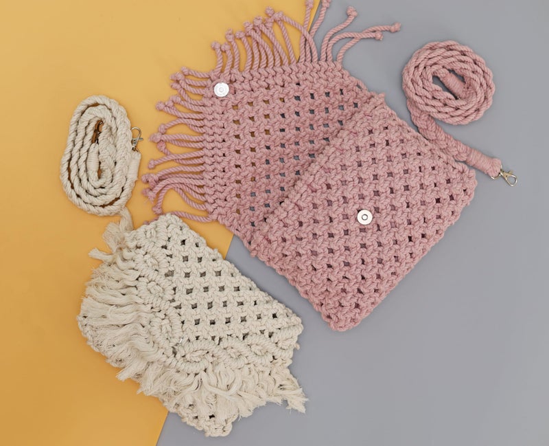 LABZIO Women's Handcrafted Macrame Bag with Fringe | Boho Chic 100% Cotton | Lightweight and Eco-Friendly ((Blush Pink)) - Image 4