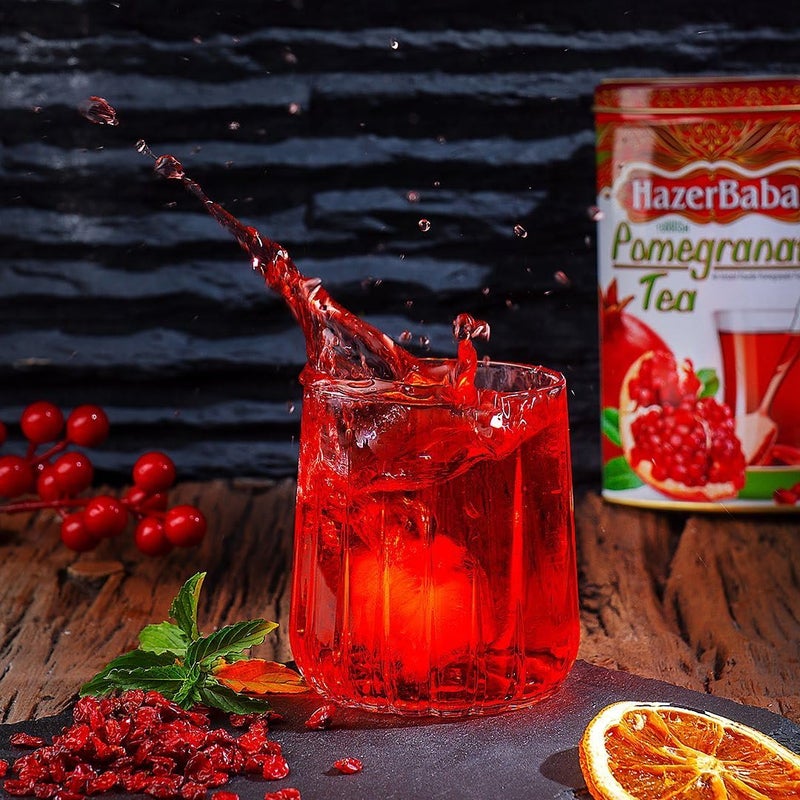 HazerBaba Hazer Baba Turkish Pomegranate Tea Instant Powder Drink, Fruity Refreshing Taste, Vegan, Halal, Caffeine-Free, Loose Alternative for Tea Bags, Quick Hot or Iced 8.8 oz, Tin Box - Image 3
