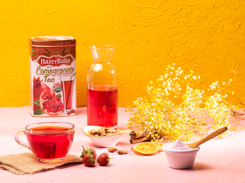 HazerBaba Hazer Baba Turkish Pomegranate Tea Instant Powder Drink, Fruity Refreshing Taste, Vegan, Halal, Caffeine-Free, Loose Alternative for Tea Bags, Quick Hot or Iced 8.8 oz, Tin Box - Image 2