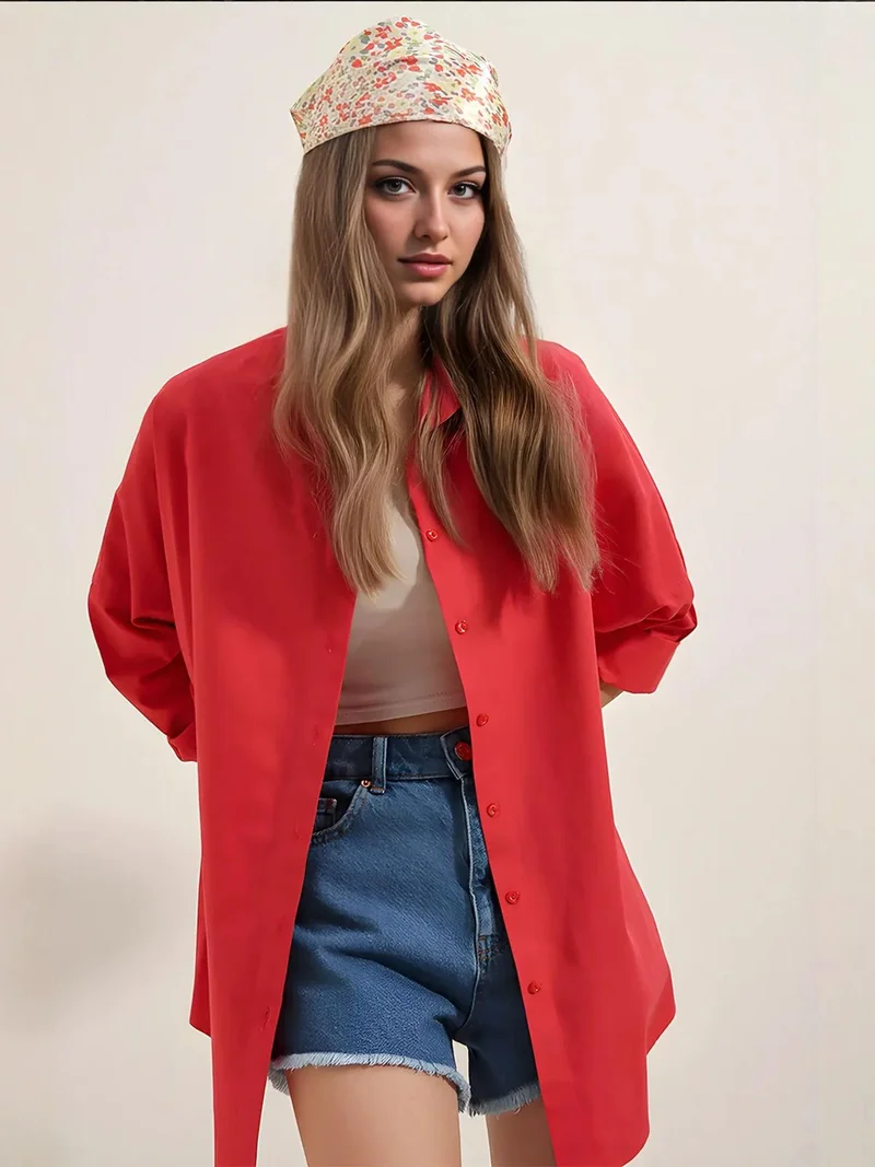 Big Dart Red BDART Oversized Patterned Poplin Shirt With Button Closure for Women | Best Price UAE