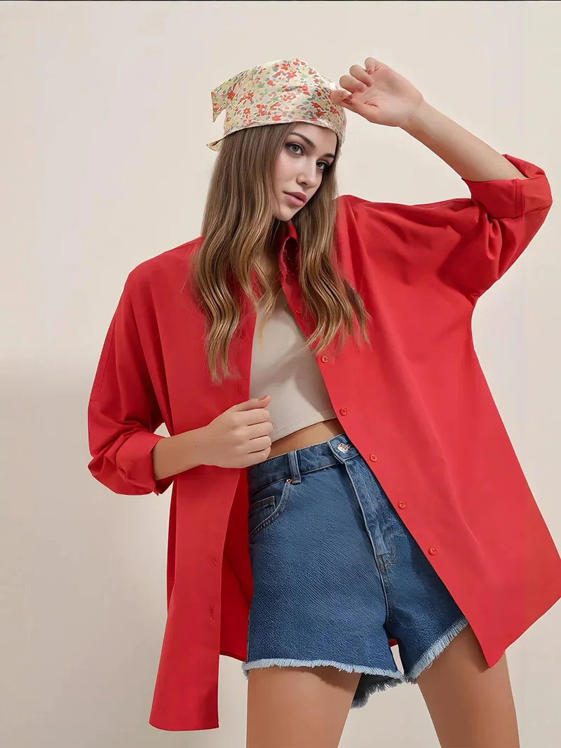 Big Dart Red BDART Oversized Patterned Poplin Shirt With Button Closure for Women | Best Price UAE