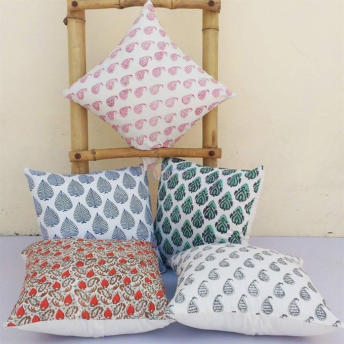 Traditional Jaipur Set of 5 Block Print Fabric Indian Cushion Covers Decorative Throw Cushion Covers Handmade Outdoor Cushion Cover Boho Cushion Shams 16 x 16 Inches