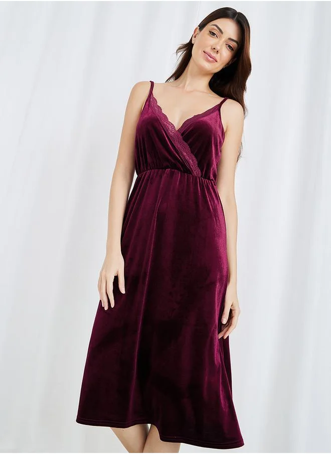 Styli Velvet Lace Trim Cami Slip Dress