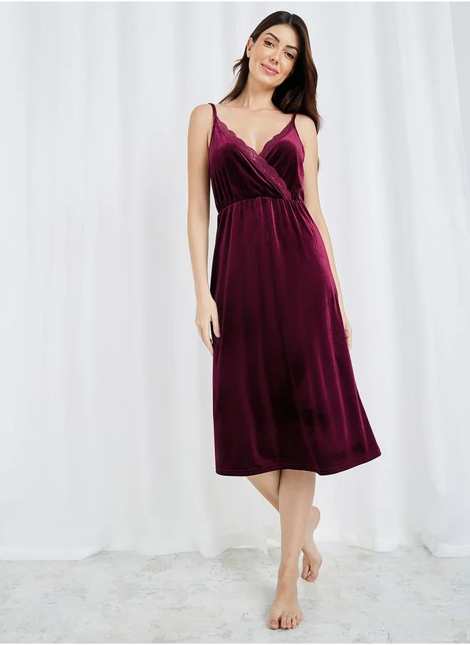 Styli Velvet Lace Trim Cami Slip Dress