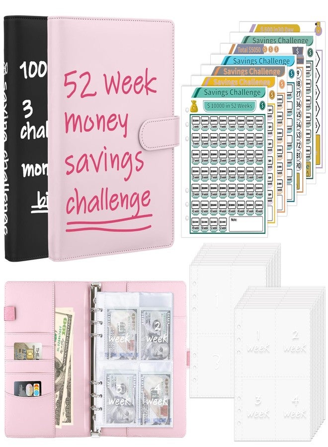 Antner (2 Sets) A5 Money Saving Binder - 100 Envelopes Money Saving Challenge Book & 52 Week Savings Challenge Binder with Pre-Printed Pockets and Trackers for Budgeting, Pink & Black - Image 1