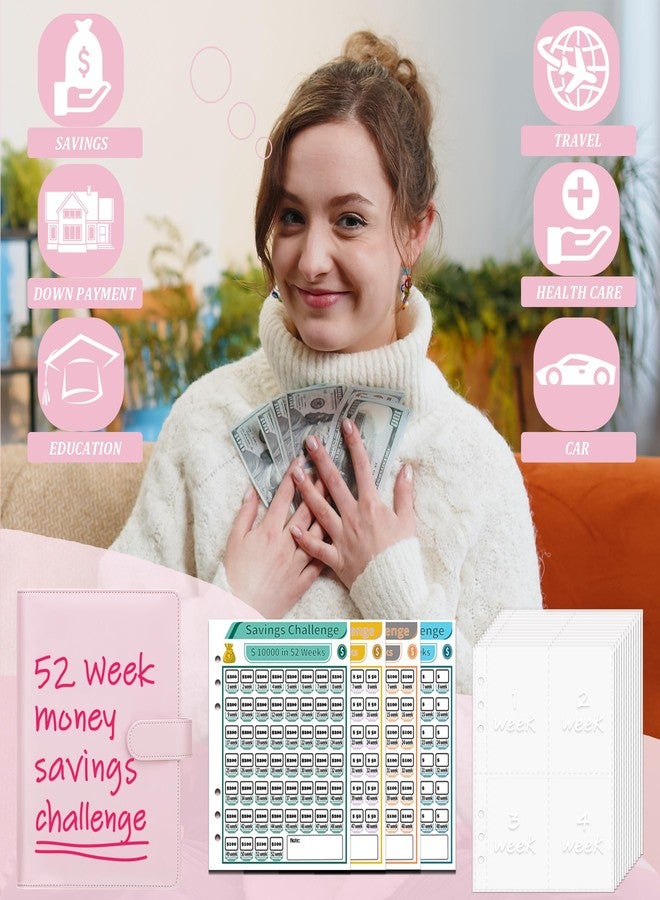 Antner (2 Sets) A5 Money Saving Binder - 100 Envelopes Money Saving Challenge Book & 52 Week Savings Challenge Binder with Pre-Printed Pockets and Trackers for Budgeting, Pink & Black - Image 4