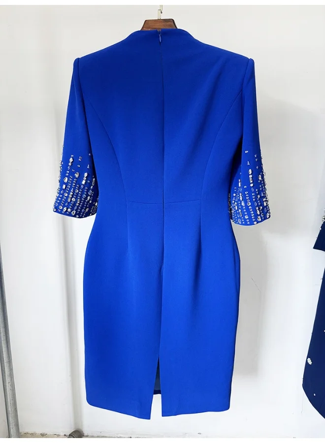 Madam Uniq New Blue Beaded Rhinestone Embellished Knee-Length V-Neck Dress with Half Sleeves