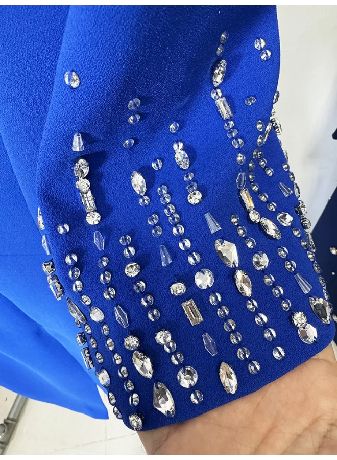 Madam Uniq New Blue Beaded Rhinestone Embellished Knee-Length V-Neck Dress with Half Sleeves