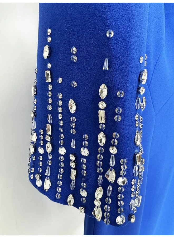 Madam Uniq New Blue Beaded Rhinestone Embellished Knee-Length V-Neck Dress with Half Sleeves