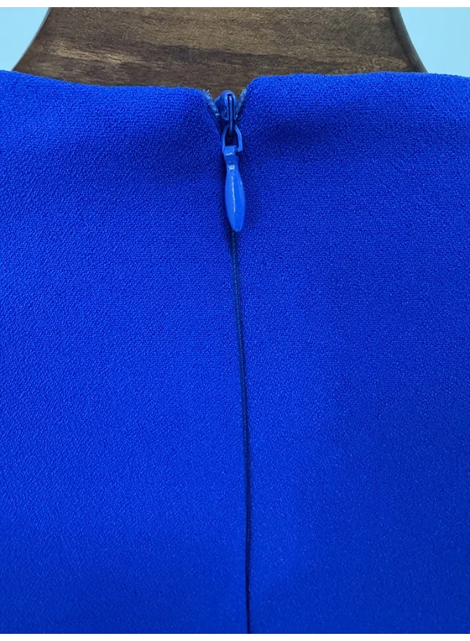 Madam Uniq New Blue Beaded Rhinestone Embellished Knee-Length V-Neck Dress with Half Sleeves