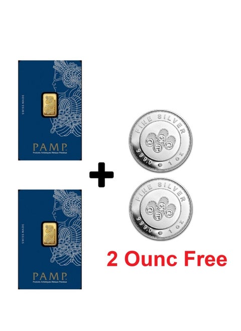 Two Bars of 24 Carat Swiss Gold - 20 Grams with a bar of 2 Ounces of Silver PAMP Weight. 31.1 Free