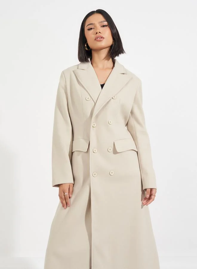 Styli Regular Fit Maxi Wool Like Double Breasted Coat