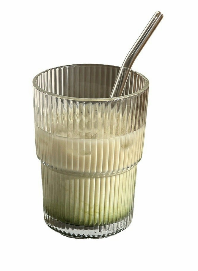 Generic One 400ml glass beverage cup, featuring a minimalist design. The transparent material allows for easy observation, and the stripes on the cup body increase friction to prevent slipping. It comes with a glass straw and a lid, which are environmentally friendly, hygienic, and help to keep the drink warm. The cup is very practical and aesthetically pleasing, with the advantage of being easy to clean. It is suitable for daily use in offices, homes, and during travel. - Image 2