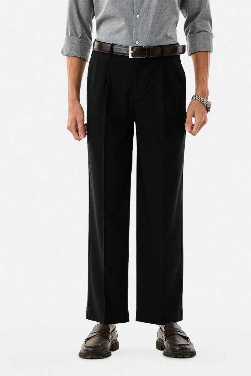SNITCH Black Solid Relaxed Formal Trousers