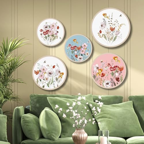 Nozvera Floral Botanical Wall Art Set of 5 – Round Prints with Watercolor Wildflowers and Bees – Colorful Spring Botanical Wall Decor for Living Room, Bedroom, or Nursery - Image 1