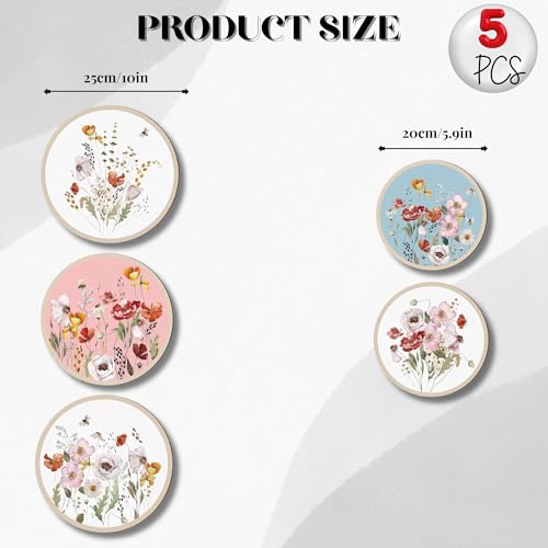 Nozvera Floral Botanical Wall Art Set of 5 – Round Prints with Watercolor Wildflowers and Bees – Colorful Spring Botanical Wall Decor for Living Room, Bedroom, or Nursery - Image 3