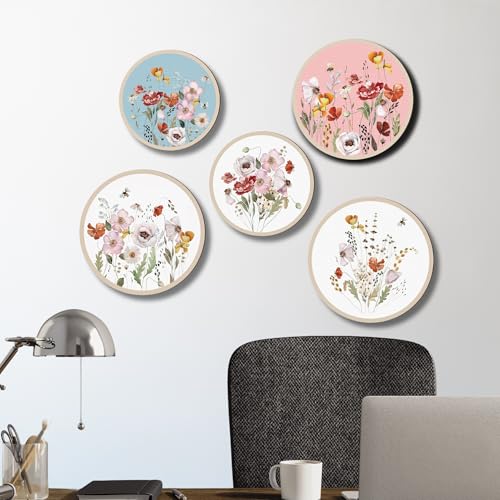 Nozvera Floral Botanical Wall Art Set of 5 – Round Prints with Watercolor Wildflowers and Bees – Colorful Spring Botanical Wall Decor for Living Room, Bedroom, or Nursery - Image 2