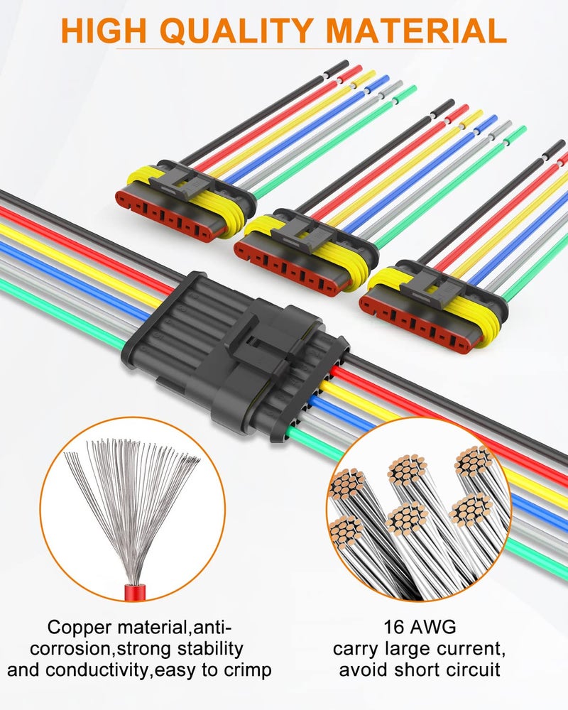 ناوايفو موصل سداسي الأطراف، موصل كهربائي مقاوم للماء 16 AWG، قابس موصل سلكي سداسي الأطراف، موصلات أسلاك كهربائية مقاومة للماء للسيارات من النوع الذكر والأنثى، 6 مجموعات - Image 2