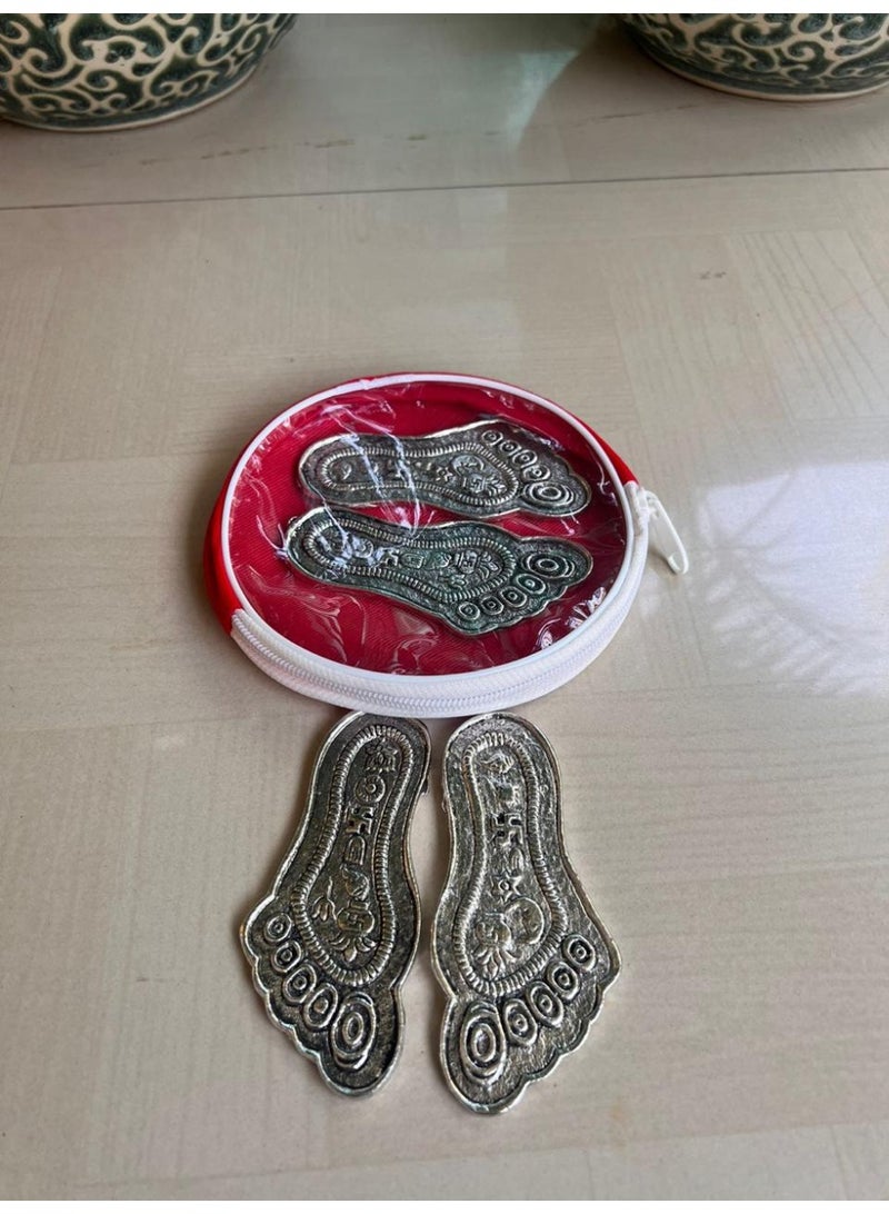 Decorative German Silver Laxmi Feet / Pagla for Pooja, Mandir & Home Entrance ,comes in velvet red pouch