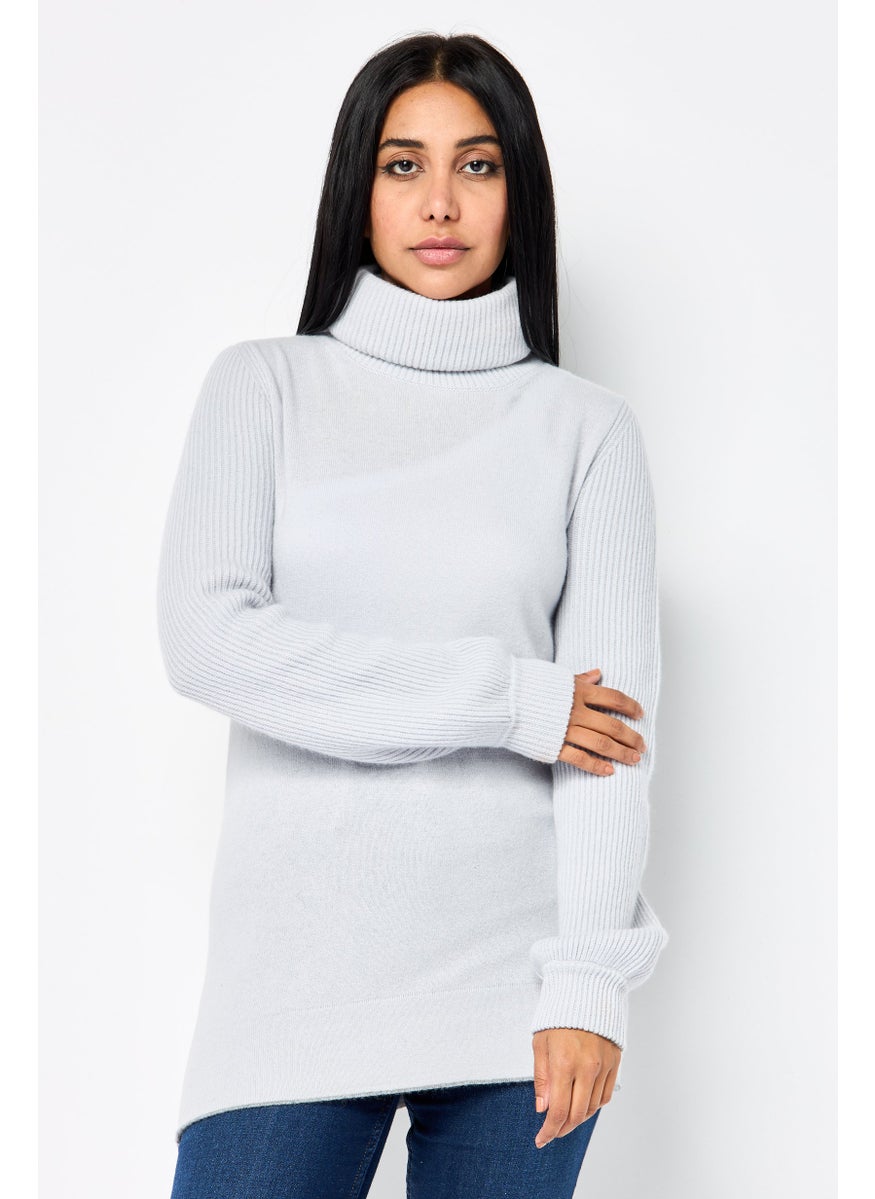 Harmont & Blaine Women Turtle Neck Solid Knitted Sweater, Light Grey  - Image 1