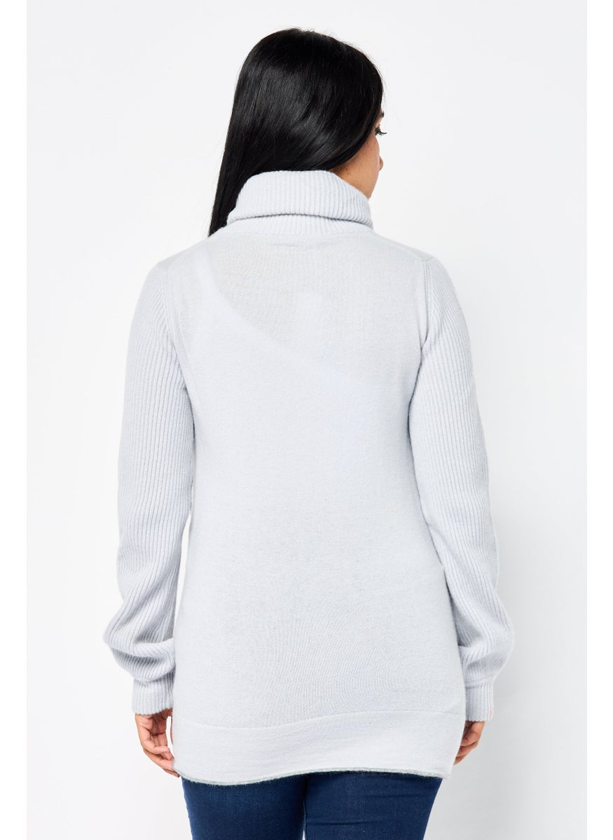 Harmont & Blaine Women Turtle Neck Solid Knitted Sweater, Light Grey  - Image 4