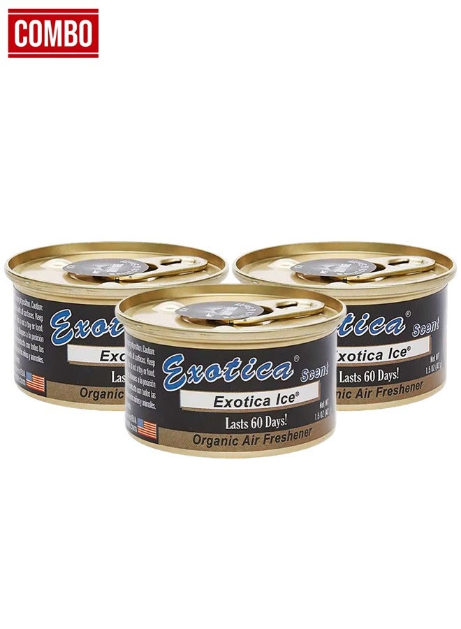 Exotica Ice Scent Organic Air Freshener 3-Pack – 1.5 oz (42g) Each, Lasts Up to 60 Days, Solid Fragrance Block, Adjustable Scent Control Lid, Compact Can for Car, Home, Office, Pack of 3 Cans - Image 1