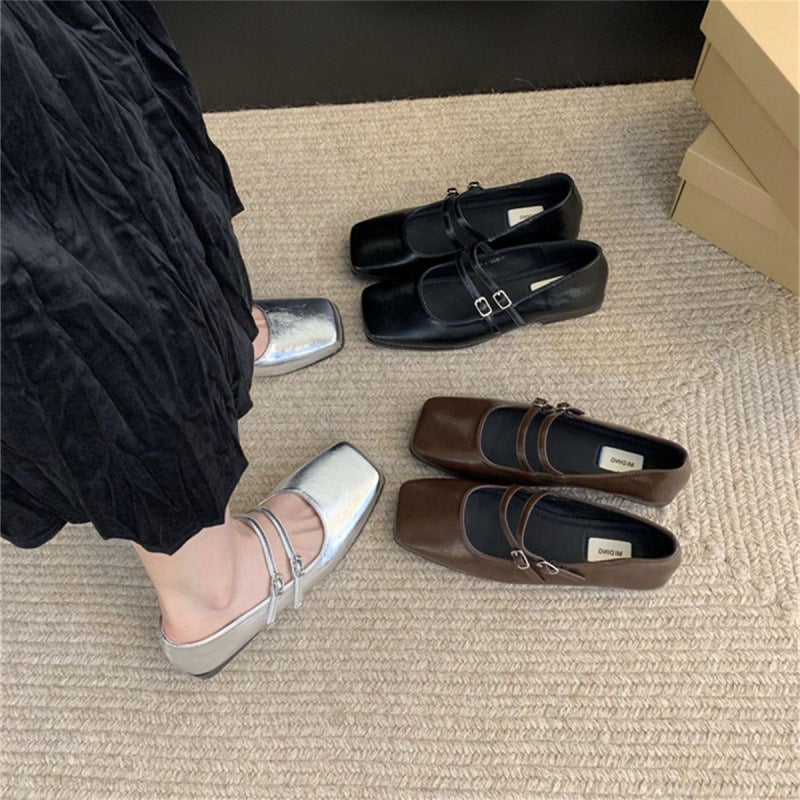 French Evening Breeze Silver Shoes Women'S Flat 2025 Spring New Elegant Fairy Commuter Square Head Shallow Mouth Mary Jane - Image 2