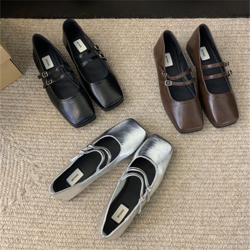 French Evening Breeze Silver Shoes Women'S Flat 2025 Spring New Elegant Fairy Commuter Square Head Shallow Mouth Mary Jane - Image 5