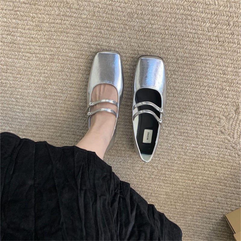 French Evening Breeze Silver Shoes Women'S Flat 2025 Spring New Elegant Fairy Commuter Square Head Shallow Mouth Mary Jane - Image 4