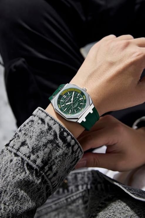Daniel Hechter Paris Monceau Collection Analoge Watch for Men with Textured Octagone Dial and Silicon Strap-DHM1008 (Green) - Image 2