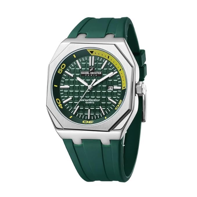 Daniel Hechter Paris Monceau Collection Analoge Watch for Men with Textured Octagone Dial and Silicon Strap-DHM1008 (Green) - Image 1