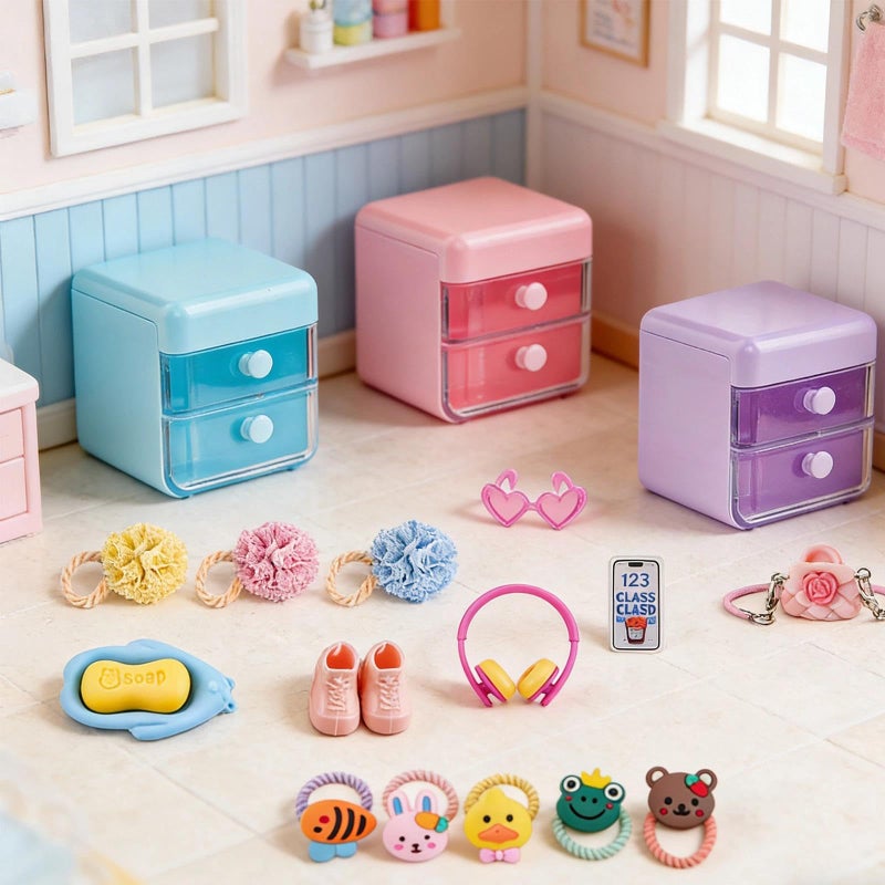 HSJH 118Pcs Dollhouse Mini Jewelry Storage Case Cosmetic Hand Bag Towel Bathroom Set Accessories Toothbrush Shampoo Purse Decor Doll Backpack Girl Micro Scene Ature Makeup Shoes Glasses Money Mask DIY - Image 3