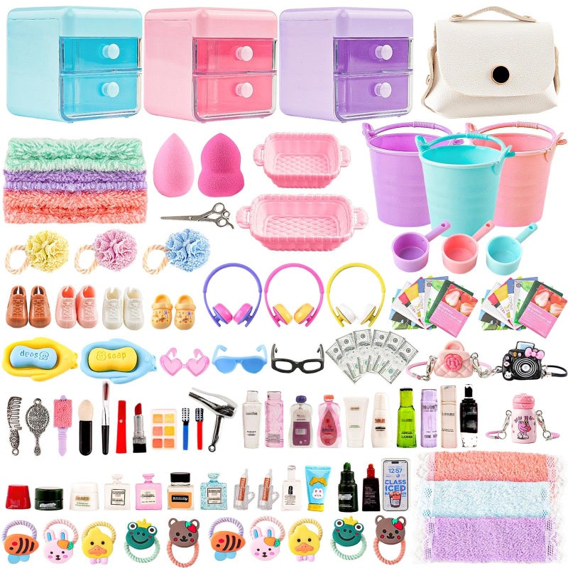 HSJH 118Pcs Dollhouse Mini Jewelry Storage Case Cosmetic Hand Bag Towel Bathroom Set Accessories Toothbrush Shampoo Purse Decor Doll Backpack Girl Micro Scene Ature Makeup Shoes Glasses Money Mask DIY - Image 1