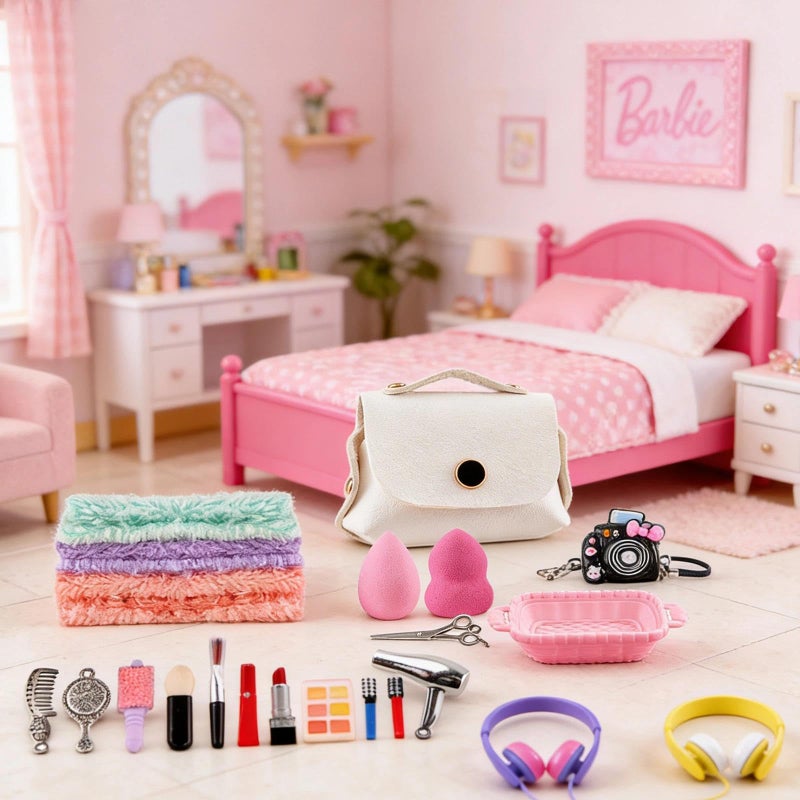 HSJH 118Pcs Dollhouse Mini Jewelry Storage Case Cosmetic Hand Bag Towel Bathroom Set Accessories Toothbrush Shampoo Purse Decor Doll Backpack Girl Micro Scene Ature Makeup Shoes Glasses Money Mask DIY - Image 4