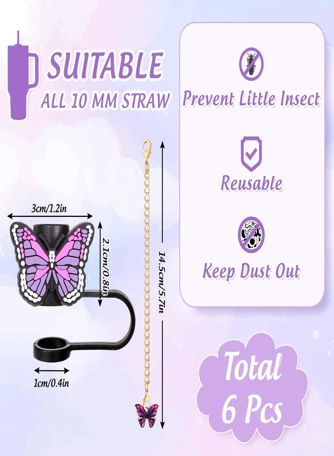 JarThenaAMCS مجموعة أغطية شفاطات JarThenaAMCS المكونة من 6 قطع على شكل فراشة مع سلاسل أكواب، شفاطات شرب محمولة على شكل فراشة بنفسجية، أغطية أطراف شفاطات مقاس 0.4 بوصة، ملحقات أكواب - Image 2