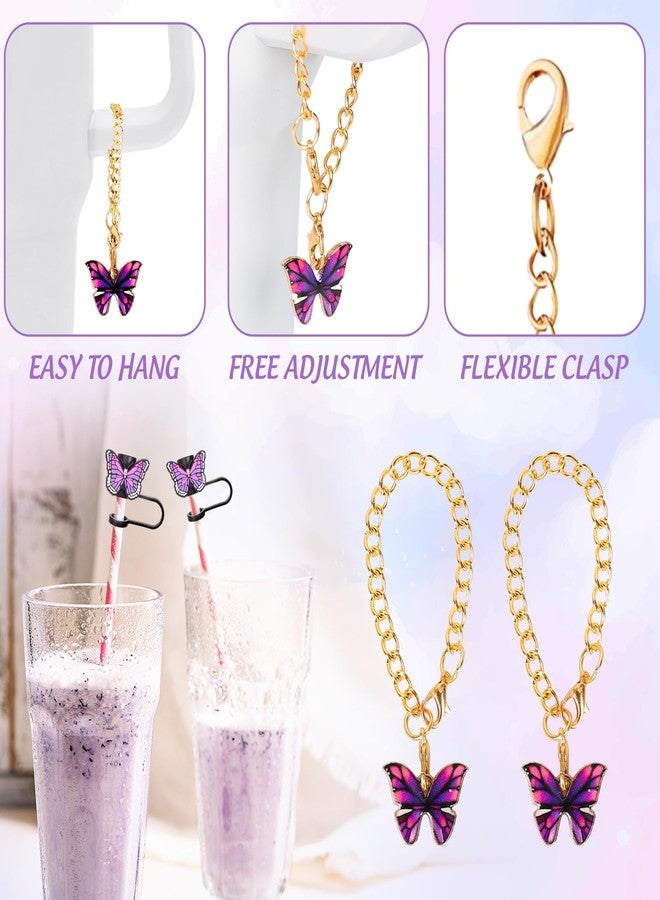 JarThenaAMCS مجموعة أغطية شفاطات JarThenaAMCS المكونة من 6 قطع على شكل فراشة مع سلاسل أكواب، شفاطات شرب محمولة على شكل فراشة بنفسجية، أغطية أطراف شفاطات مقاس 0.4 بوصة، ملحقات أكواب - Image 4