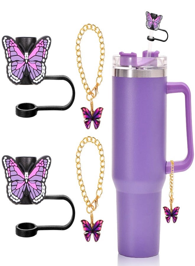 JarThenaAMCS مجموعة أغطية شفاطات JarThenaAMCS المكونة من 6 قطع على شكل فراشة مع سلاسل أكواب، شفاطات شرب محمولة على شكل فراشة بنفسجية، أغطية أطراف شفاطات مقاس 0.4 بوصة، ملحقات أكواب - Image 1