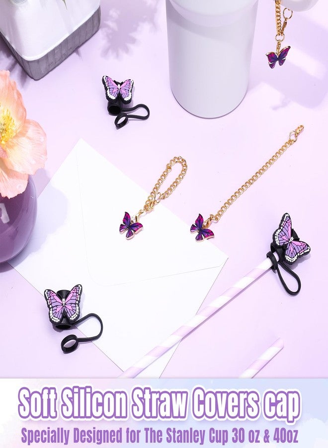 JarThenaAMCS مجموعة أغطية شفاطات JarThenaAMCS المكونة من 6 قطع على شكل فراشة مع سلاسل أكواب، شفاطات شرب محمولة على شكل فراشة بنفسجية، أغطية أطراف شفاطات مقاس 0.4 بوصة، ملحقات أكواب - Image 5