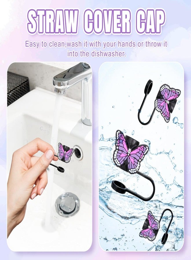 JarThenaAMCS مجموعة أغطية شفاطات JarThenaAMCS المكونة من 6 قطع على شكل فراشة مع سلاسل أكواب، شفاطات شرب محمولة على شكل فراشة بنفسجية، أغطية أطراف شفاطات مقاس 0.4 بوصة، ملحقات أكواب - Image 3